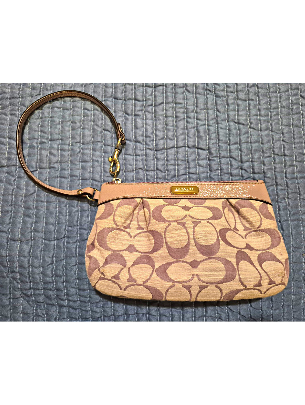 Coach Signature Small Wristlet Beige Purple Gold Hardware